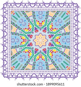 Decorative colorful ornament on white background, symmetric pattern with doodle lace frame. Tribal ethnic mandala decor. Bandana shawl, hijab, tablecloth fabric print, silk neck scarf, kerchief design