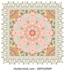 Decorative colorful ornament on white background, symmetric pattern with doodle lace frame. Tribal ethnic mandala decor. Bandana shawl, hijab, tablecloth fabric print, silk neck scarf, kerchief design