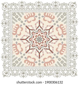 Decorative colorful ornament on white background, symmetric pattern with doodle lace frame. Tribal ethnic mandala decor. Bandana shawl, hijab, tablecloth fabric print, silk neck scarf, kerchief design