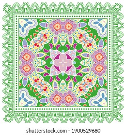 Decorative colorful ornament on white background, symmetric pattern with doodle lace frame. Tribal ethnic mandala decor. Bandana shawl, hijab, tablecloth fabric print, silk neck scarf, kerchief design