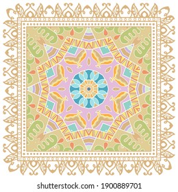 Decorative colorful ornament on white background, symmetric pattern with doodle lace frame. Tribal ethnic mandala decor. Bandana shawl, hijab, tablecloth fabric print, silk neck scarf, kerchief design