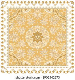 Decorative colorful ornament on white background, symmetric pattern with doodle lace frame. Tribal ethnic mandala decor. Bandana shawl, hijab, tablecloth fabric print, silk neck scarf, kerchief design