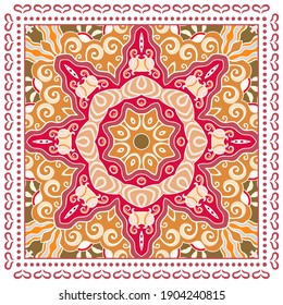 Decorative colorful ornament on white background, symmetric pattern with doodle lace frame. Tribal ethnic mandala decor. Bandana shawl, hijab, tablecloth fabric print, silk neck scarf, kerchief design