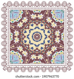 Decorative colorful ornament on white background, symmetric pattern with doodle lace frame. Tribal ethnic mandala decor. Bandana shawl, hijab, tablecloth fabric print, silk neck scarf, kerchief design