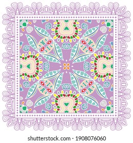 Decorative colorful ornament on white background, symmetric pattern with doodle lace frame. Tribal ethnic mandala decor. Bandana shawl, hijab, tablecloth fabric print, silk neck scarf, kerchief design