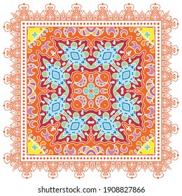 Decorative colorful ornament on white background, symmetric pattern with doodle lace frame. Tribal ethnic mandala decor. Bandana shawl, hijab, tablecloth fabric print, silk neck scarf, kerchief design