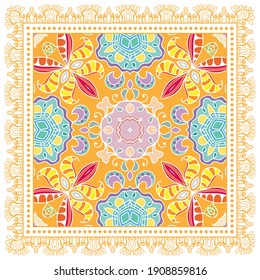 Decorative colorful ornament on white background, symmetric pattern with doodle lace frame. Tribal ethnic mandala decor. Bandana shawl, hijab, tablecloth fabric print, silk neck scarf, kerchief design