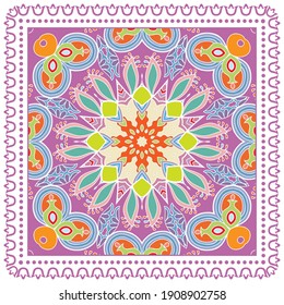 Decorative colorful ornament on white background, symmetric pattern with doodle lace frame. Tribal ethnic mandala decor. Bandana shawl, hijab, tablecloth fabric print, silk neck scarf, kerchief design