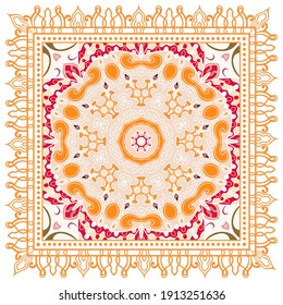 Decorative colorful ornament on white background, symmetric pattern with doodle lace frame. Tribal ethnic mandala decor. Bandana shawl, hijab, tablecloth fabric print, silk neck scarf, kerchief design