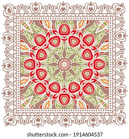 Decorative colorful ornament on white background, symmetric pattern with doodle lace frame. Tribal ethnic mandala decor. Bandana shawl, hijab, tablecloth fabric print, silk neck scarf, kerchief design