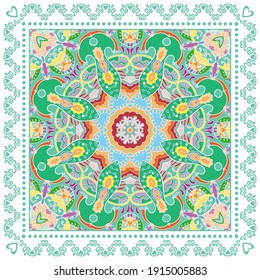 Decorative colorful ornament on white background, symmetric pattern with doodle lace frame. Tribal ethnic mandala decor. Bandana shawl, hijab, tablecloth fabric print, silk neck scarf, kerchief design