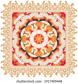 Decorative colorful ornament on white background, symmetric pattern with doodle lace frame. Tribal ethnic mandala decor. Bandana shawl, hijab, tablecloth fabric print, silk neck scarf, kerchief design