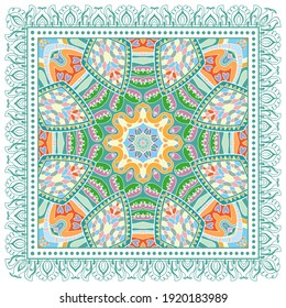 Decorative colorful ornament on white background, symmetric pattern with doodle lace frame. Tribal ethnic mandala decor. Bandana shawl, hijab, tablecloth fabric print, silk neck scarf, kerchief design