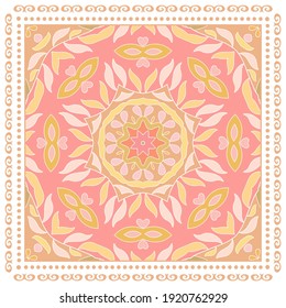 Decorative colorful ornament on white background, symmetric pattern with doodle lace frame. Tribal ethnic mandala decor. Bandana shawl, hijab, tablecloth fabric print, silk neck scarf, kerchief design