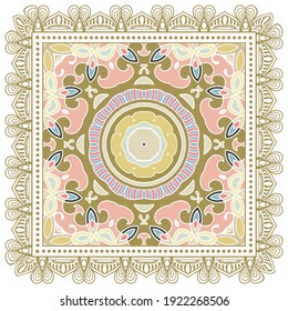 Decorative colorful ornament on white background, symmetric pattern with doodle lace frame. Tribal ethnic mandala decor. Bandana shawl, hijab, tablecloth fabric print, silk neck scarf, kerchief design