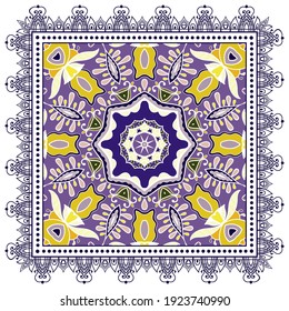 Decorative colorful ornament on white background, symmetric pattern with doodle lace frame. Tribal ethnic mandala decor. Bandana shawl, hijab, tablecloth fabric print, silk neck scarf, kerchief design