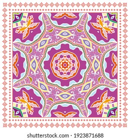Decorative colorful ornament on white background, symmetric pattern with doodle lace frame. Tribal ethnic mandala decor. Bandana shawl, hijab, tablecloth fabric print, silk neck scarf, kerchief design