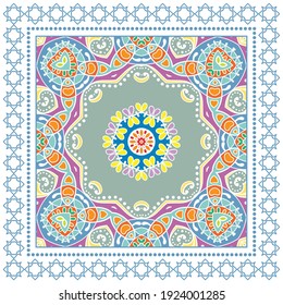 Decorative colorful ornament on white background, symmetric pattern with doodle lace frame. Tribal ethnic mandala decor. Bandana shawl, hijab, tablecloth fabric print, silk neck scarf, kerchief design