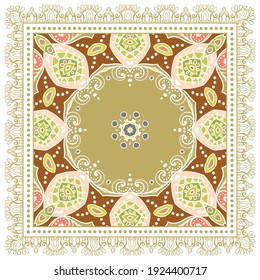 Decorative colorful ornament on white background, symmetric pattern with doodle lace frame. Tribal ethnic mandala decor. Bandana shawl, hijab, tablecloth fabric print, silk neck scarf, kerchief design