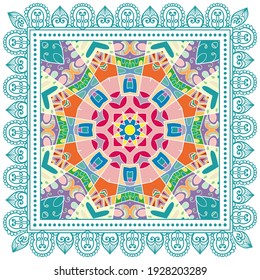 Decorative colorful ornament on white background, symmetric pattern with doodle lace frame. Tribal ethnic mandala decor. Bandana shawl, hijab, tablecloth fabric print, silk neck scarf, kerchief design