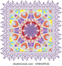 Decorative colorful ornament on white background, symmetric pattern with doodle lace frame. Tribal ethnic mandala decor. Bandana shawl, hijab, tablecloth fabric print, silk neck scarf, kerchief design