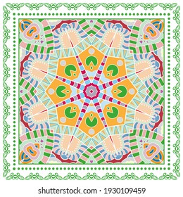 Decorative colorful ornament on white background, symmetric pattern with doodle lace frame. Tribal ethnic mandala decor. Bandana shawl, hijab, tablecloth fabric print, silk neck scarf, kerchief design