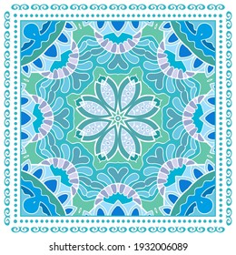 Decorative colorful ornament on white background, symmetric pattern with doodle lace frame. Tribal ethnic mandala decor. Bandana shawl, hijab, tablecloth fabric print, silk neck scarf, kerchief design