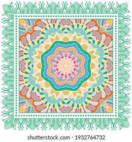 Decorative colorful ornament on white background, symmetric pattern with doodle lace frame. Tribal ethnic mandala decor. Bandana shawl, hijab, tablecloth fabric print, silk neck scarf, kerchief design