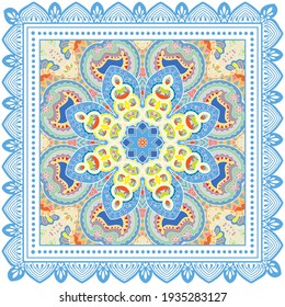 Decorative colorful ornament on white background, symmetric pattern with doodle lace frame. Tribal ethnic mandala decor. Bandana shawl, hijab, tablecloth fabric print, silk neck scarf, kerchief design