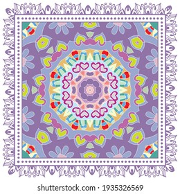Decorative colorful ornament on white background, symmetric pattern with doodle lace frame. Tribal ethnic mandala decor. Bandana shawl, hijab, tablecloth fabric print, silk neck scarf, kerchief design