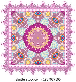 Decorative colorful ornament on white background, symmetric pattern with doodle lace frame. Tribal ethnic mandala decor. Bandana shawl, hijab, tablecloth fabric print, silk neck scarf, kerchief design