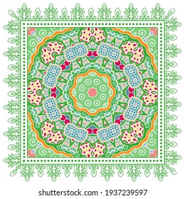 Decorative colorful ornament on white background, symmetric pattern with doodle lace frame. Tribal ethnic mandala decor. Bandana shawl, hijab, tablecloth fabric print, silk neck scarf, kerchief design