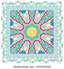 Decorative colorful ornament on white background, symmetric pattern with doodle lace frame. Tribal ethnic mandala decor. Bandana shawl, hijab, tablecloth fabric print, silk neck scarf, kerchief design