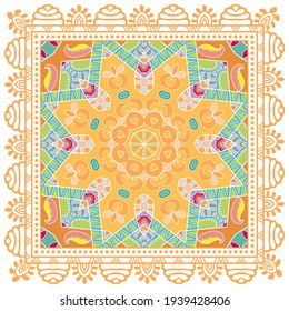 Decorative colorful ornament on white background, symmetric pattern with doodle lace frame. Tribal ethnic mandala decor. Bandana shawl, hijab, tablecloth fabric print, silk neck scarf, kerchief design