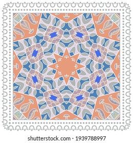 Decorative colorful ornament on white background, symmetric pattern with doodle lace frame. Tribal ethnic mandala decor. Bandana shawl, hijab, tablecloth fabric print, silk neck scarf, kerchief design