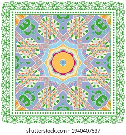 Decorative colorful ornament on white background, symmetric pattern with doodle lace frame. Tribal ethnic mandala decor. Bandana shawl, hijab, tablecloth fabric print, silk neck scarf, kerchief design