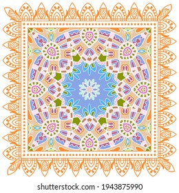 Decorative colorful ornament on white background, symmetric pattern with doodle lace frame. Tribal ethnic mandala decor. Bandana shawl, hijab, tablecloth fabric print, silk neck scarf, kerchief design