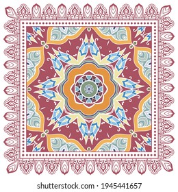 Decorative colorful ornament on white background, symmetric pattern with doodle lace frame. Tribal ethnic mandala decor. Bandana shawl, hijab, tablecloth fabric print, silk neck scarf, kerchief design