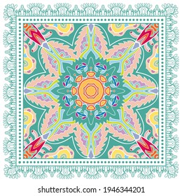 Decorative colorful ornament on white background, symmetric pattern with doodle lace frame. Tribal ethnic mandala decor. Bandana shawl, hijab, tablecloth fabric print, silk neck scarf, kerchief design