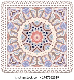 Decorative colorful ornament on white background, symmetric pattern with doodle lace frame. Tribal ethnic mandala decor. Bandana shawl, hijab, tablecloth fabric print, silk neck scarf, kerchief design