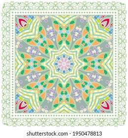 Decorative colorful ornament on white background, symmetric pattern with doodle lace frame. Tribal ethnic mandala decor. Bandana shawl, hijab, tablecloth fabric print, silk neck scarf, kerchief design