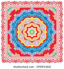 Decorative colorful ornament on white background, symmetric pattern with doodle lace frame. Tribal ethnic mandala decor. Bandana shawl, hijab, tablecloth fabric print, silk neck scarf, kerchief design