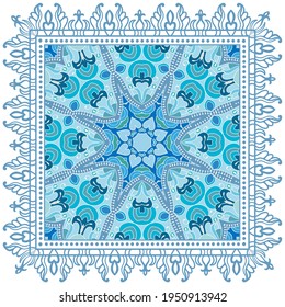Decorative colorful ornament on white background, symmetric pattern with doodle lace frame. Tribal ethnic mandala decor. Bandana shawl, hijab, tablecloth fabric print, silk neck scarf, kerchief design