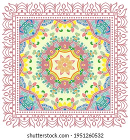 Decorative colorful ornament on white background, symmetric pattern with doodle lace frame. Tribal ethnic mandala decor. Bandana shawl, hijab, tablecloth fabric print, silk neck scarf, kerchief design