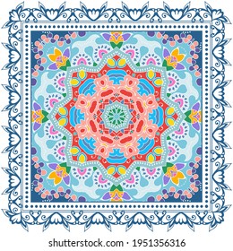 Decorative colorful ornament on white background, symmetric pattern with doodle lace frame. Tribal ethnic mandala decor. Bandana shawl, hijab, tablecloth fabric print, silk neck scarf, kerchief design