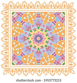 Decorative colorful ornament on white background, symmetric pattern with doodle lace frame. Tribal ethnic mandala decor. Bandana shawl, hijab, tablecloth fabric print, silk neck scarf, kerchief design