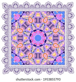 Decorative colorful ornament on white background, symmetric pattern with doodle lace frame. Tribal ethnic mandala decor. Bandana shawl, hijab, tablecloth fabric print, silk neck scarf, kerchief design