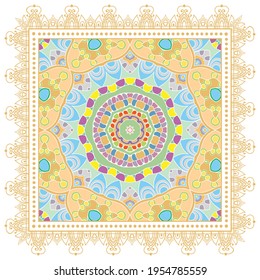 Decorative colorful ornament on white background, symmetric pattern with doodle lace frame. Tribal ethnic mandala decor. Bandana shawl, hijab, tablecloth fabric print, silk neck scarf, kerchief design