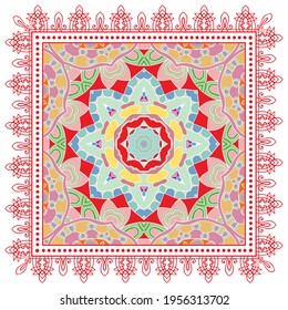 Decorative colorful ornament on white background, symmetric pattern with doodle lace frame. Tribal ethnic mandala decor. Bandana shawl, hijab, tablecloth fabric print, silk neck scarf, kerchief design