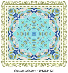 Decorative colorful ornament on white background, symmetric pattern with doodle lace frame. Tribal ethnic mandala decor. Bandana shawl, hijab, tablecloth fabric print, silk neck scarf, kerchief design